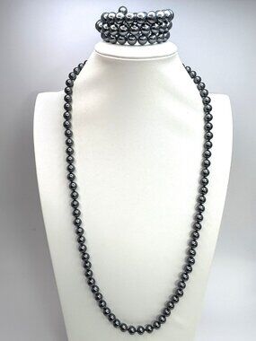Monet Gray Faux Pearl Bracelet Long Necklace Gunmetal Bead Stackable
